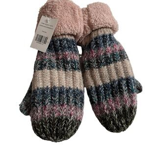 Chunky Knit Stripe Mittens with Pink Sherpa Cuffs